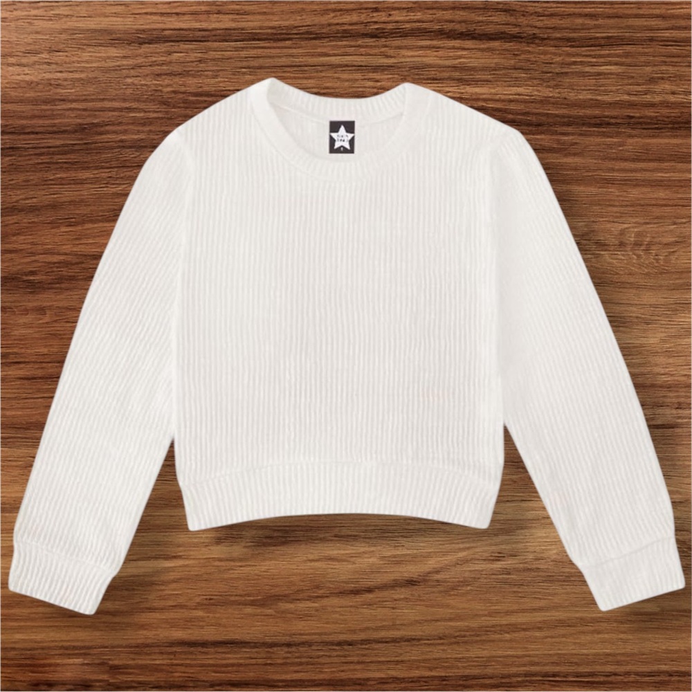 Girls Waffle Knit Cream Long Sleeve Top
